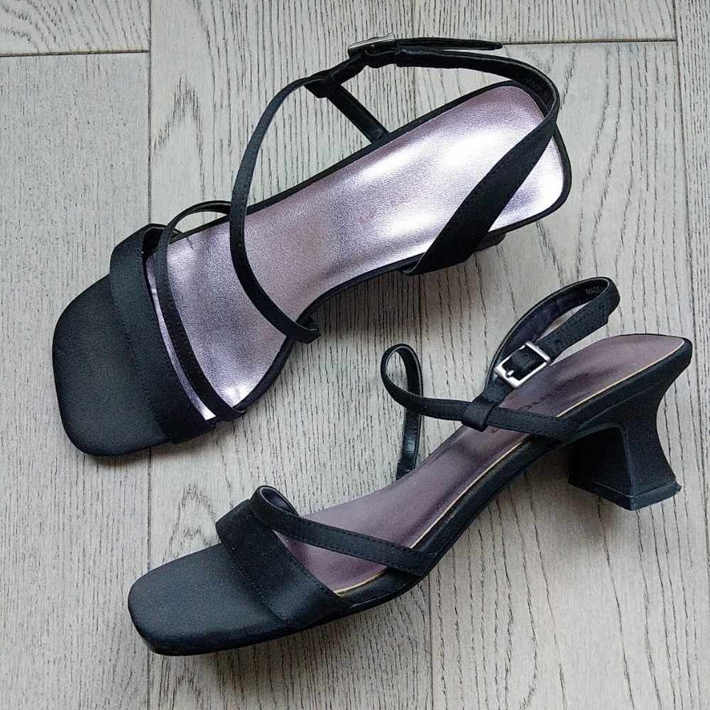 Call it Spring Black Satin Special Occasion Square Toe Strappy Sandals